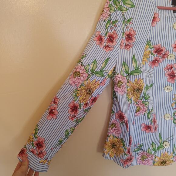 Rafaella Size Medium M Blue Stripe Seersucker Floral Flower Print Blazer Button - Picture 3 of 10